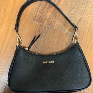 Nine West Black Pebbled Leather Mini Shoulder Bag with Gold Hardware